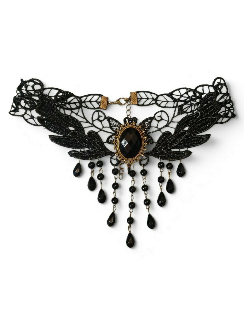 Black Lace Gothic Choker Necklace with Teardrop Beads